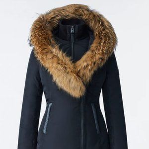 Mackage Kay M Black Down Coat with Asiatic Raccoon Fur and Leather Trim